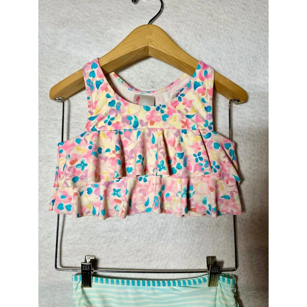 RuffleButts Girls Floral Ruffle Tankini Striped 2 Piece Swimsuit Set Size 7